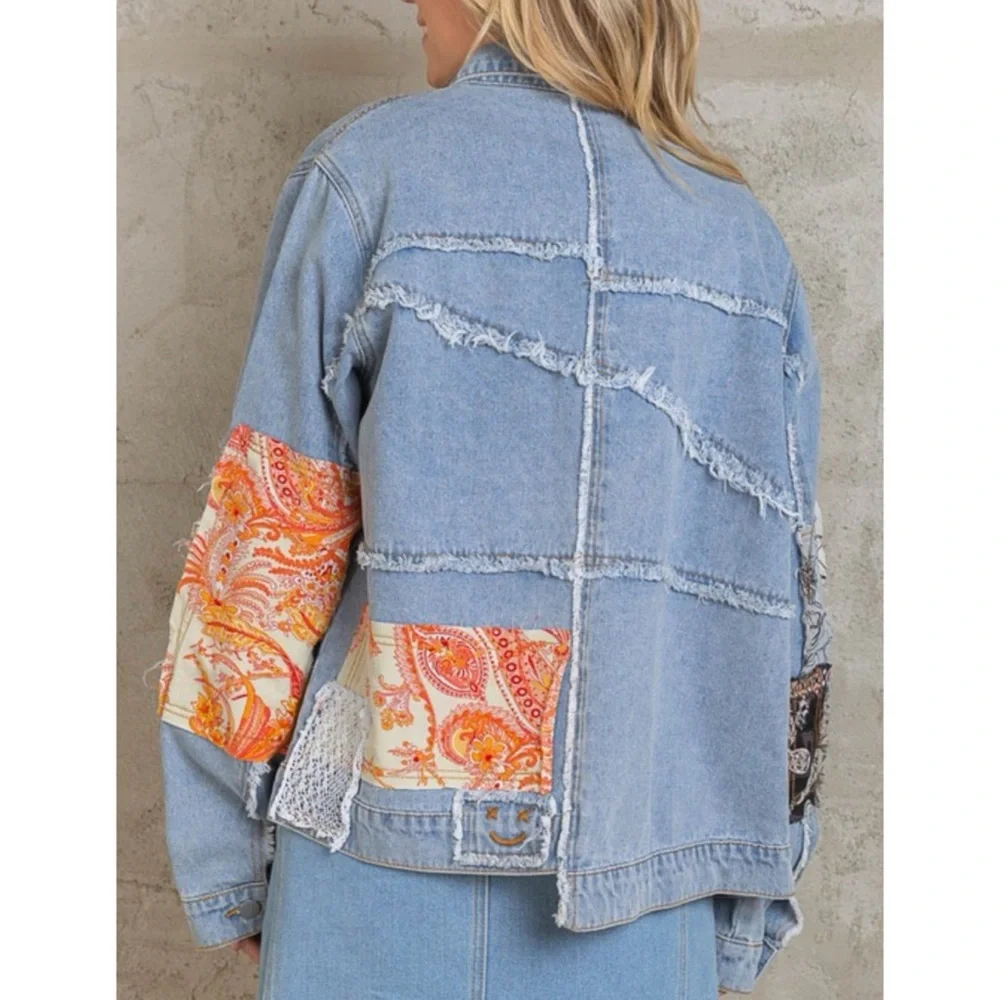 Patchwork Denim and Lace Jacket Distressed Boho Denim Shacket Mixed Floral Lace - Picture 4 of 17